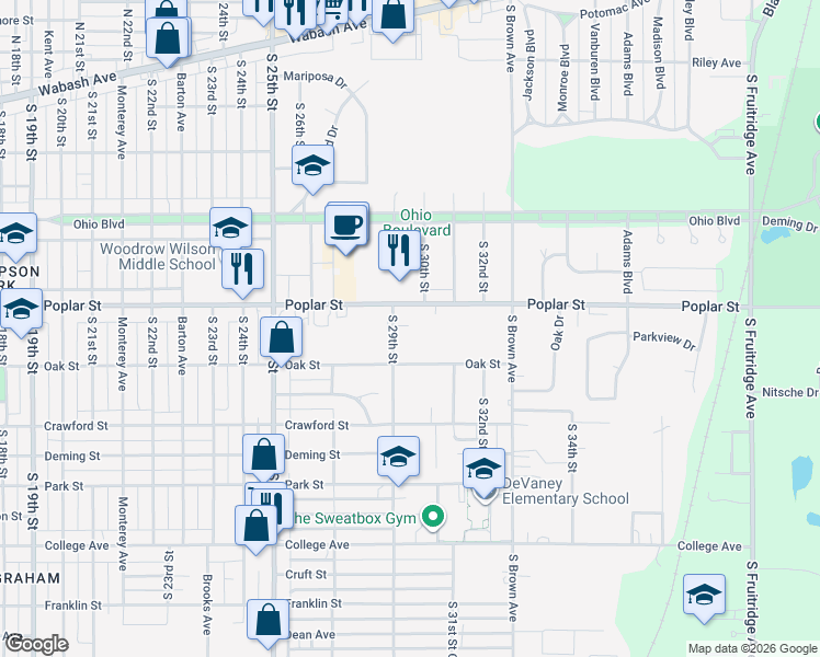 map of restaurants, bars, coffee shops, grocery stores, and more near 410 South 29th Street in Terre Haute