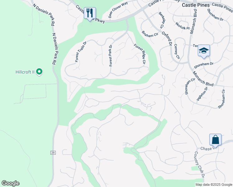 map of restaurants, bars, coffee shops, grocery stores, and more near 1106 Northwood Lane in Castle Rock
