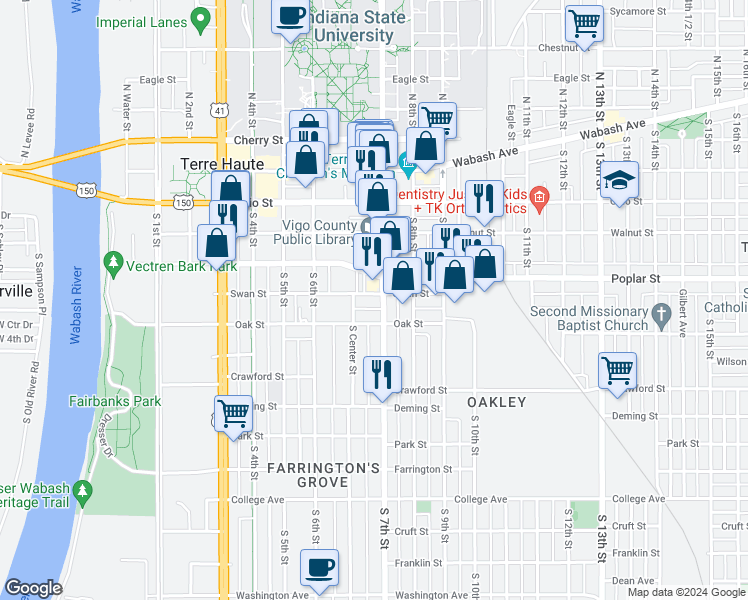 map of restaurants, bars, coffee shops, grocery stores, and more near 673 Swan Street in Terre Haute