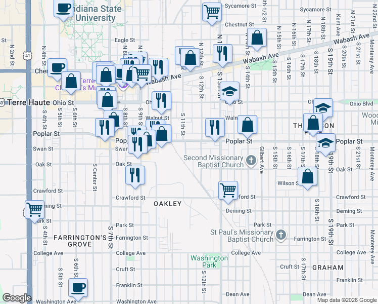 map of restaurants, bars, coffee shops, grocery stores, and more near 428 South 11th Street in Terre Haute