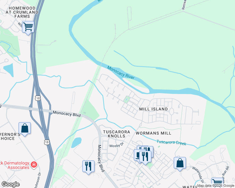 map of restaurants, bars, coffee shops, grocery stores, and more near 2658 Brook Valley Road in Frederick
