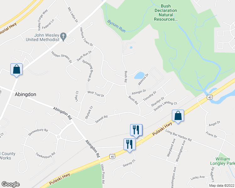 map of restaurants, bars, coffee shops, grocery stores, and more near 1118A Bush Road in Abingdon