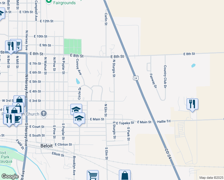 map of restaurants, bars, coffee shops, grocery stores, and more near 1001-1005 East 4th Street in Beloit