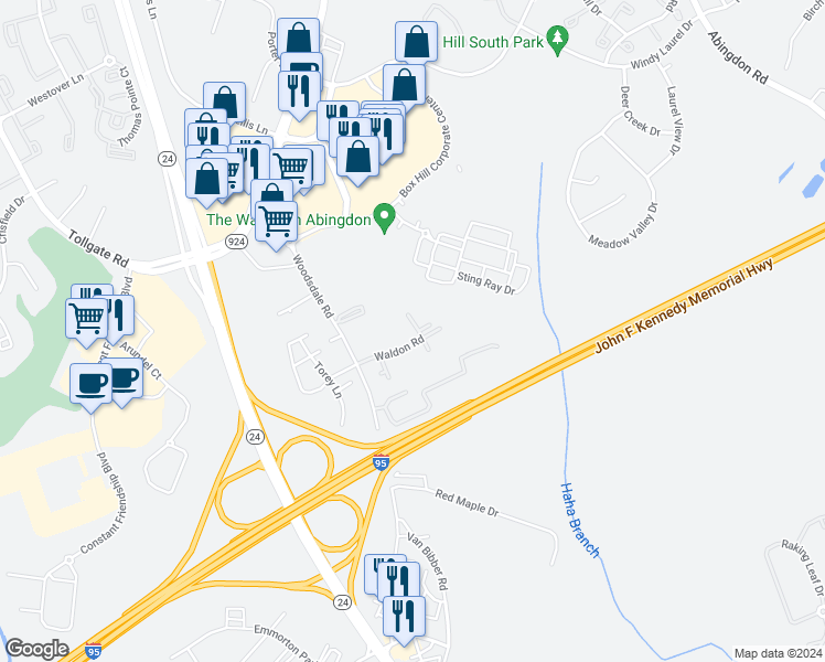 map of restaurants, bars, coffee shops, grocery stores, and more near 120 Waldon Road in Abingdon