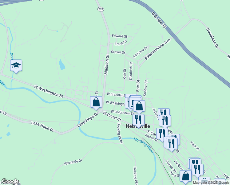map of restaurants, bars, coffee shops, grocery stores, and more near 147 West Franklin Street in Nelsonville