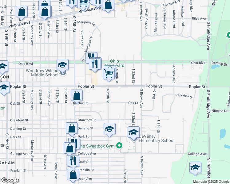 map of restaurants, bars, coffee shops, grocery stores, and more near 410 South 29th Street in Terre Haute