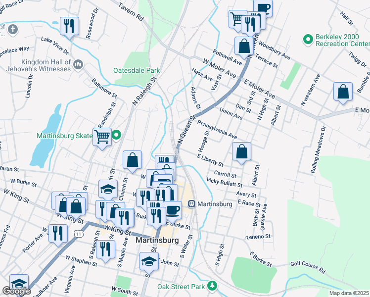map of restaurants, bars, coffee shops, grocery stores, and more near 113 East Liberty Street in Martinsburg