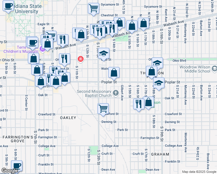 map of restaurants, bars, coffee shops, grocery stores, and more near 1339 Poplar Street in Terre Haute
