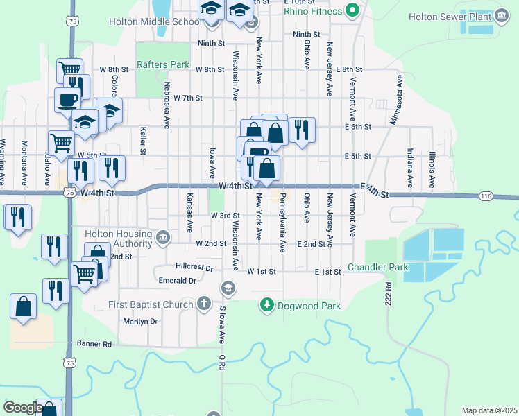 map of restaurants, bars, coffee shops, grocery stores, and more near 325 New York Avenue in Holton