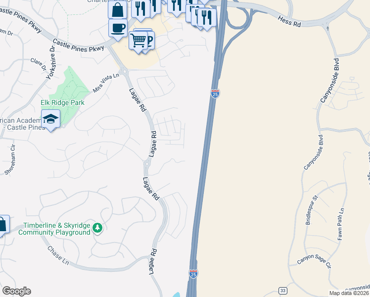 map of restaurants, bars, coffee shops, grocery stores, and more near Interstate 25 in Castle Rock