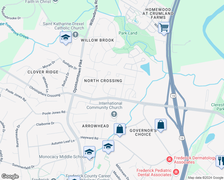 map of restaurants, bars, coffee shops, grocery stores, and more near 1918 Harpers Court in Frederick
