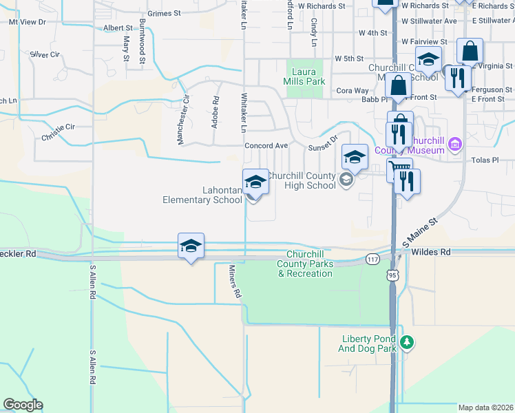 map of restaurants, bars, coffee shops, grocery stores, and more near 1099 Merton Drive in Fallon