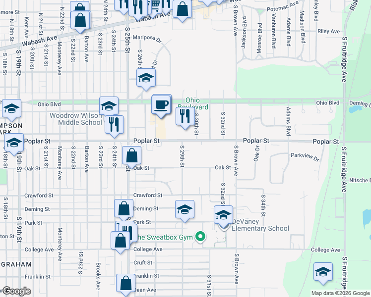 map of restaurants, bars, coffee shops, grocery stores, and more near 410 South 29th Street in Terre Haute
