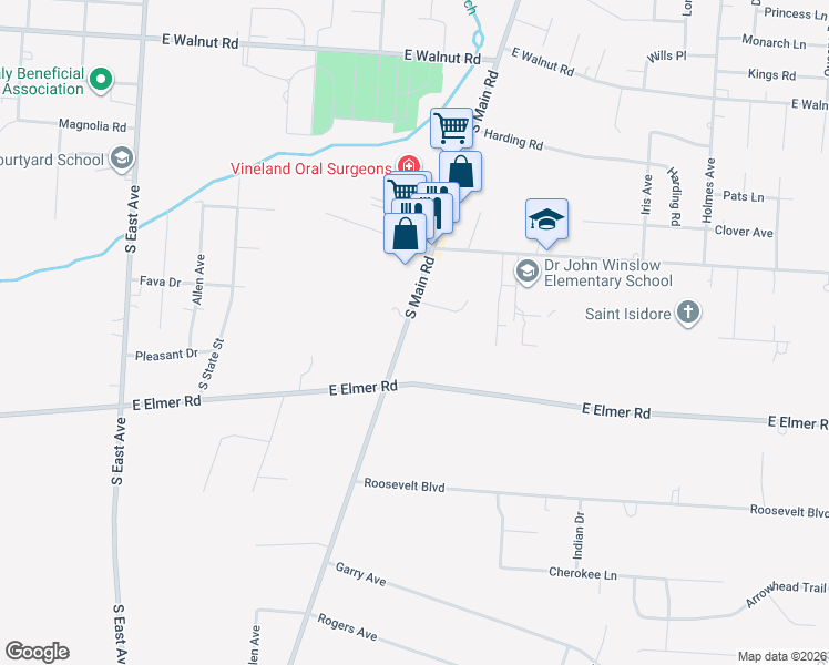 map of restaurants, bars, coffee shops, grocery stores, and more near 1597 South Main Road in Vineland