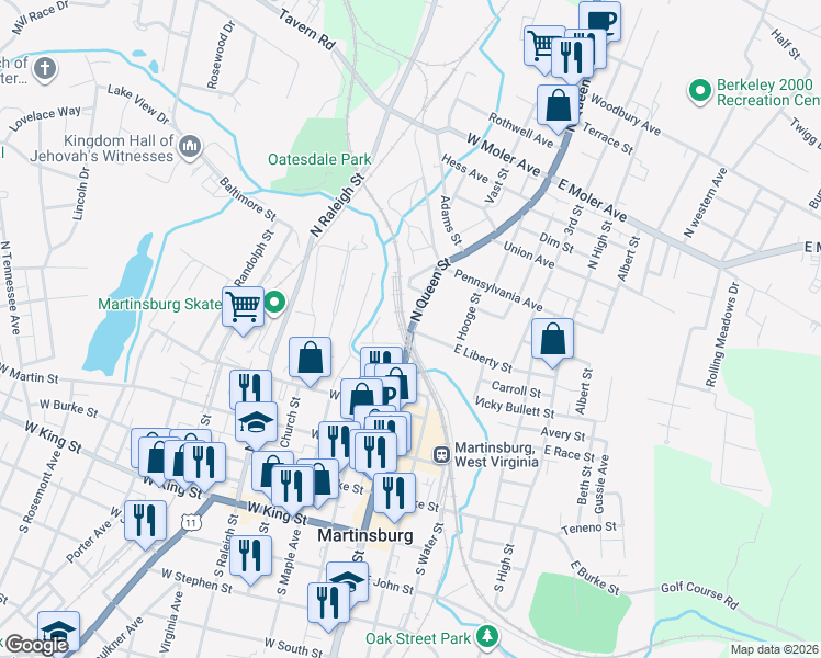 map of restaurants, bars, coffee shops, grocery stores, and more near 499 North Queen Street in Martinsburg