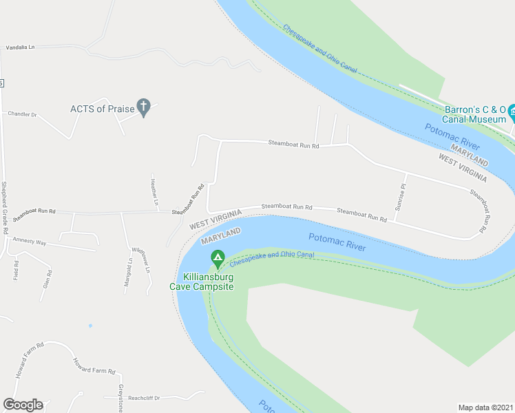 map of restaurants, bars, coffee shops, grocery stores, and more near Steamboat Run Road in Shepherdstown