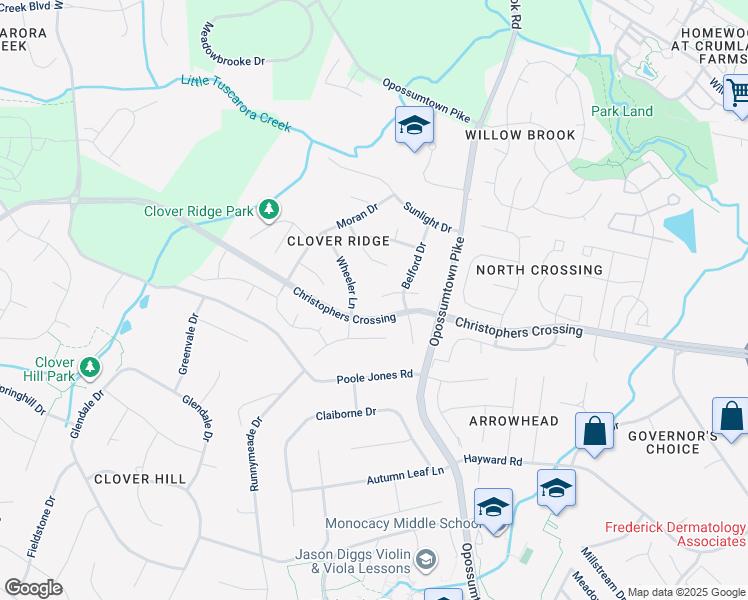 map of restaurants, bars, coffee shops, grocery stores, and more near 110 Redcloud Court in Frederick