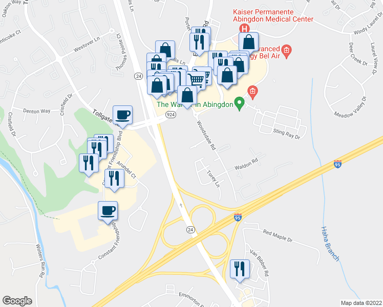 map of restaurants, bars, coffee shops, grocery stores, and more near 17 Haven Avenue in Abingdon