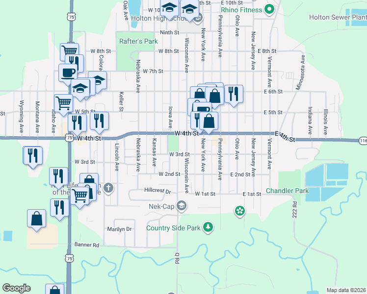 map of restaurants, bars, coffee shops, grocery stores, and more near 255-299 West 3rd Street in Holton
