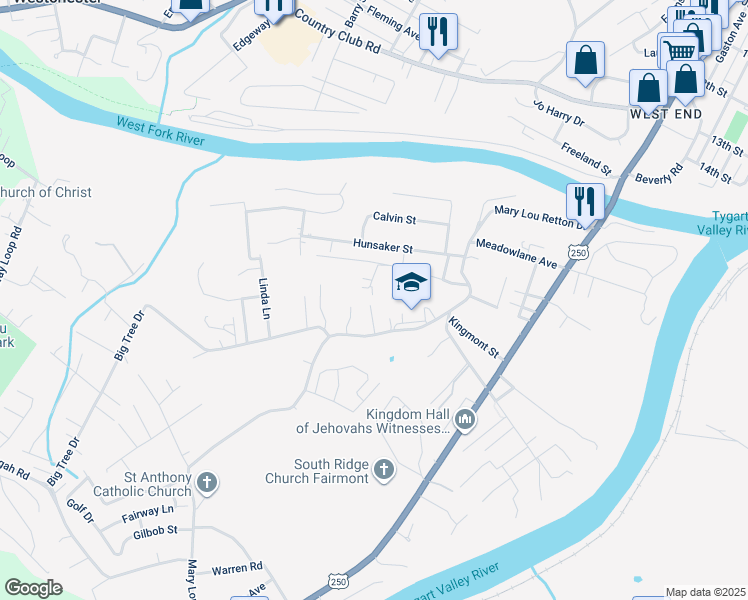 map of restaurants, bars, coffee shops, grocery stores, and more near 102 Sunshine Way in Fairmont