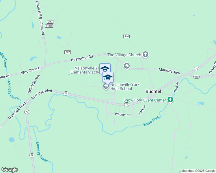 map of restaurants, bars, coffee shops, grocery stores, and more near 1 Buckeye Drive in Nelsonville
