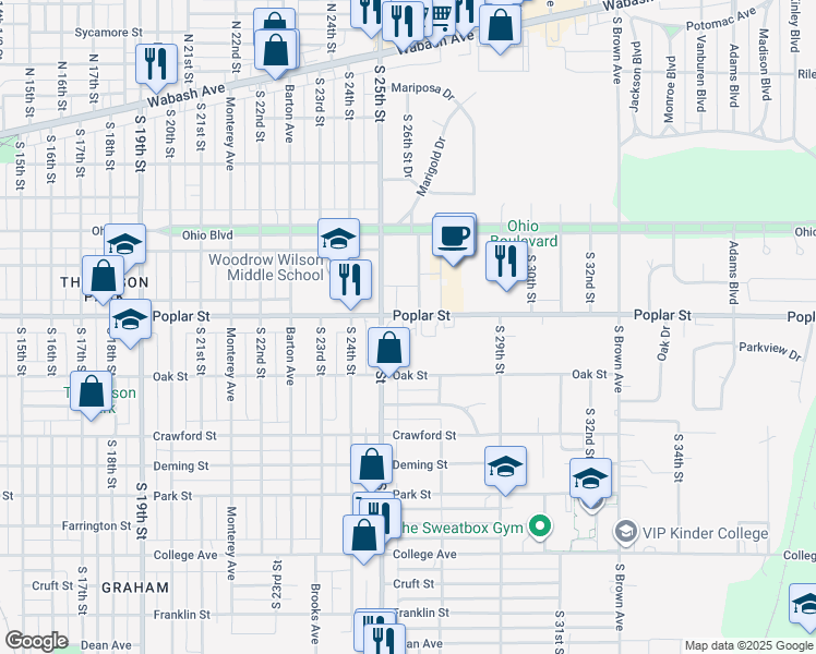 map of restaurants, bars, coffee shops, grocery stores, and more near 2511 Poplar Street in Terre Haute