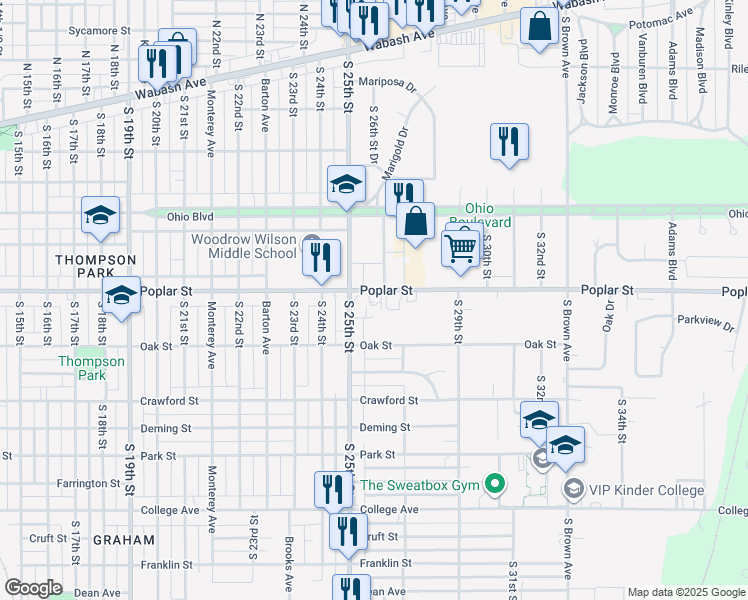 map of restaurants, bars, coffee shops, grocery stores, and more near 2511 Poplar Street in Terre Haute