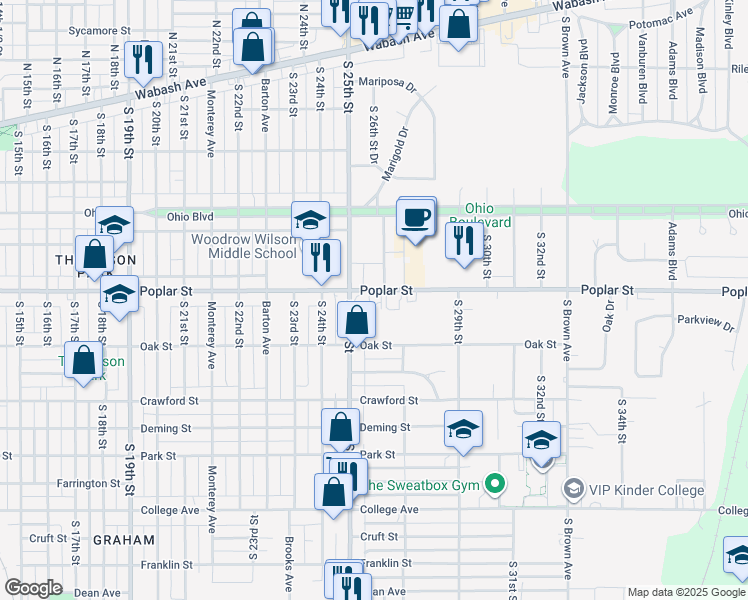 map of restaurants, bars, coffee shops, grocery stores, and more near 2505 Swan Street in Terre Haute