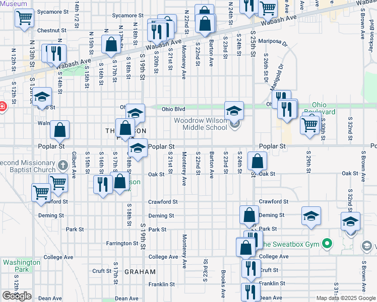 map of restaurants, bars, coffee shops, grocery stores, and more near 413 South 22nd Street in Terre Haute
