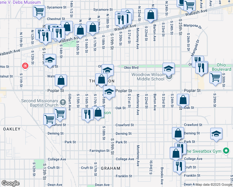 map of restaurants, bars, coffee shops, grocery stores, and more near 450 South 20th Street in Terre Haute