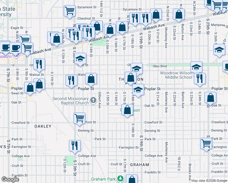 map of restaurants, bars, coffee shops, grocery stores, and more near 432 South 16th Street in Terre Haute