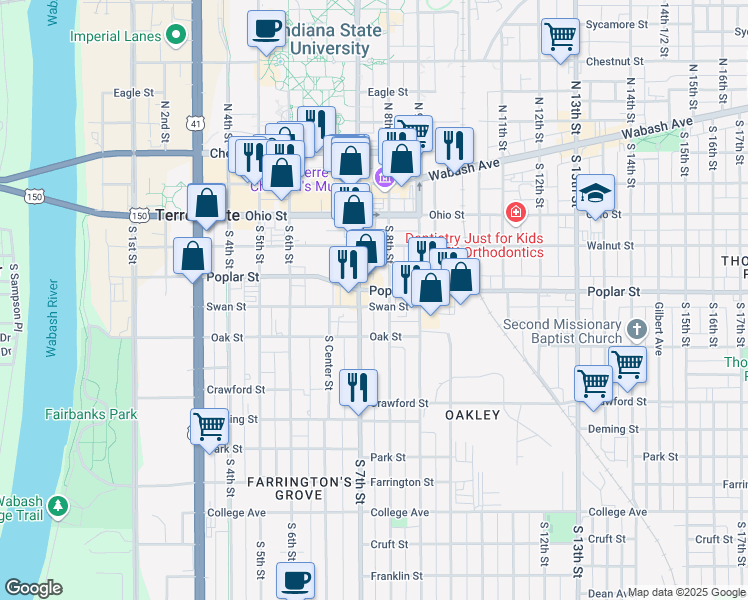 map of restaurants, bars, coffee shops, grocery stores, and more near 418 South 7th Street in Terre Haute