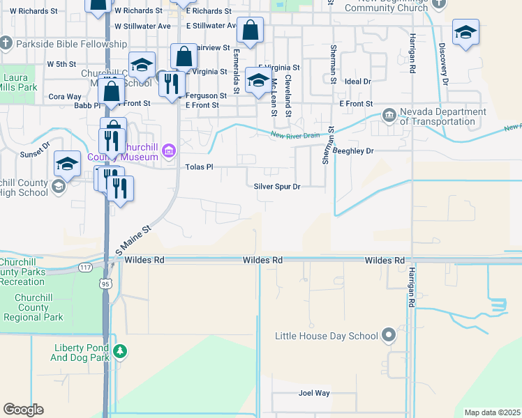 map of restaurants, bars, coffee shops, grocery stores, and more near 1523 Cloverdale Way in Fallon