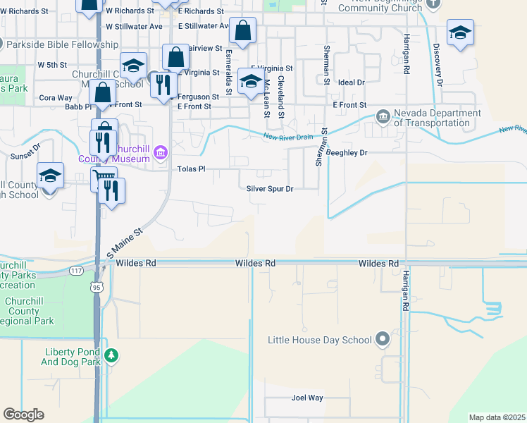 map of restaurants, bars, coffee shops, grocery stores, and more near 1523 Cloverdale Way in Fallon