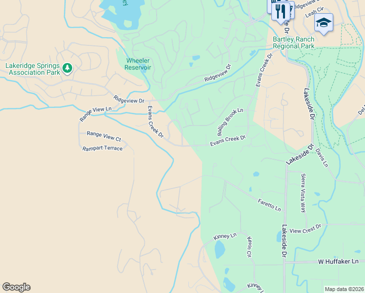 map of restaurants, bars, coffee shops, grocery stores, and more near Evans Creek Drive & Brookview Circle in Reno