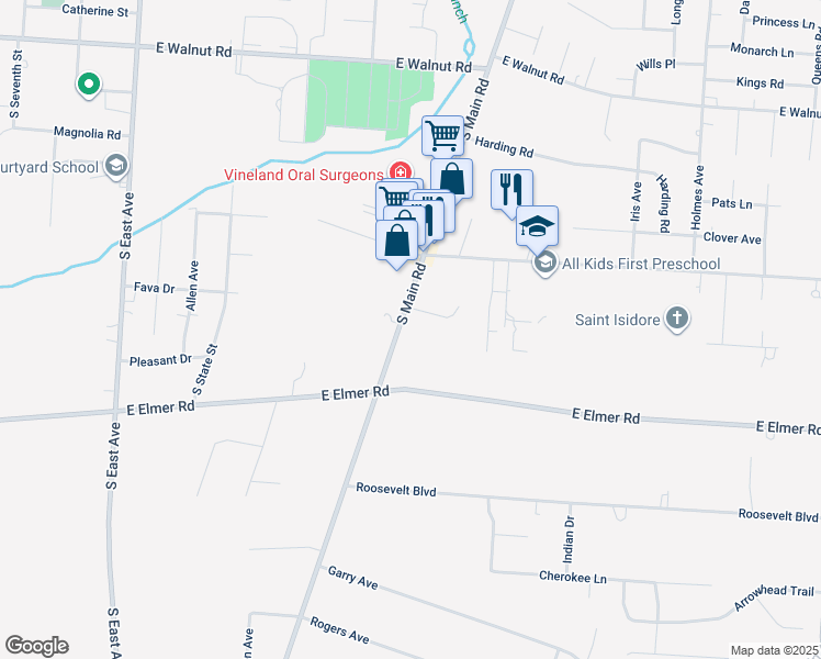 map of restaurants, bars, coffee shops, grocery stores, and more near 1551 South Main Road in Vineland