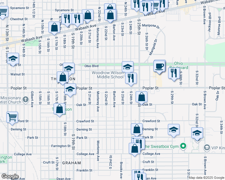 map of restaurants, bars, coffee shops, grocery stores, and more near 2219 Poplar Street in Terre Haute