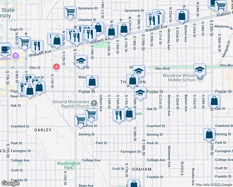 map of restaurants, bars, coffee shops, grocery stores, and more near 432 South 16th Street in Terre Haute