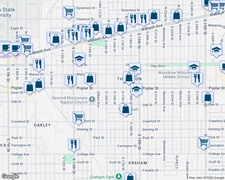 map of restaurants, bars, coffee shops, grocery stores, and more near 432 South 16th Street in Terre Haute