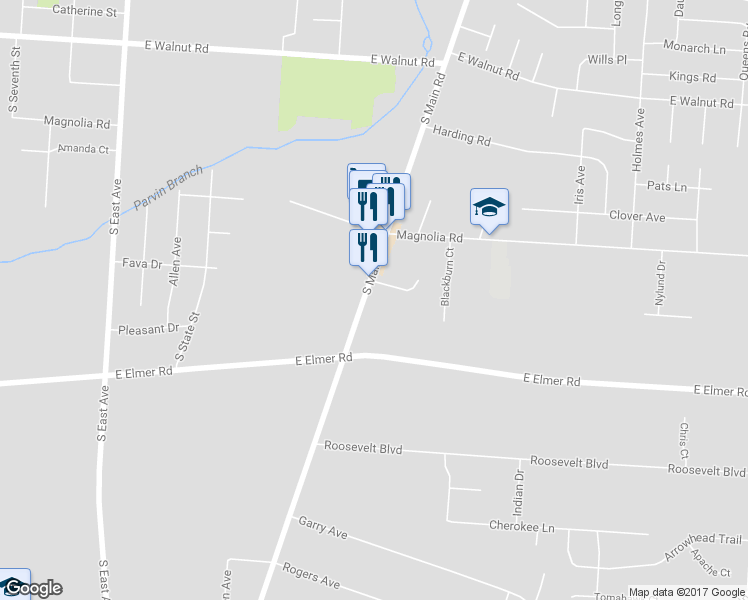 map of restaurants, bars, coffee shops, grocery stores, and more near 1551 South Main Road in Vineland