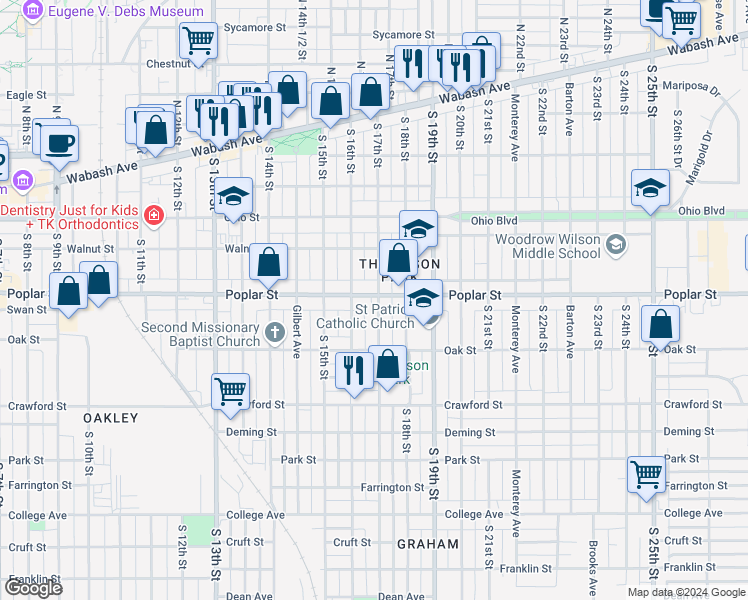 map of restaurants, bars, coffee shops, grocery stores, and more near 1627 Poplar Street in Terre Haute
