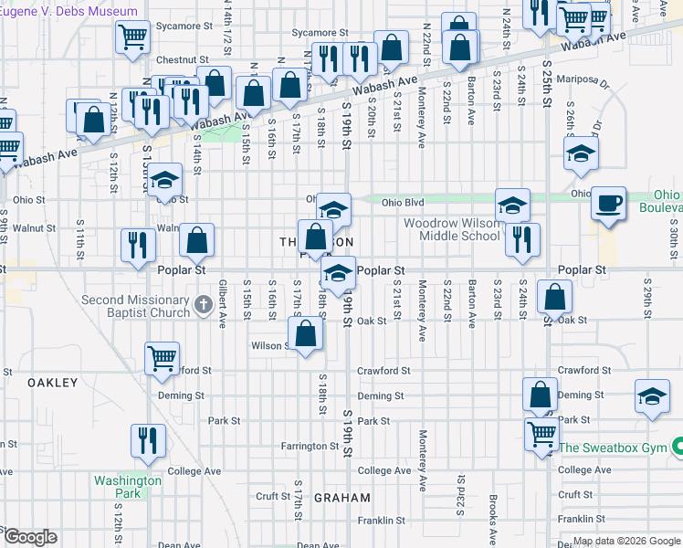 map of restaurants, bars, coffee shops, grocery stores, and more near 399 South 19th Street in Terre Haute