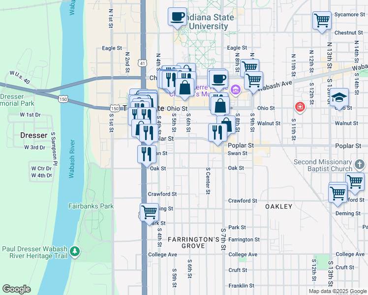 map of restaurants, bars, coffee shops, grocery stores, and more near 221 South 6th Street in Terre Haute