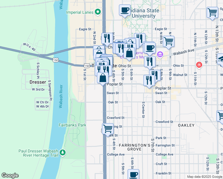 map of restaurants, bars, coffee shops, grocery stores, and more near 400 Poplar Street in Terre Haute