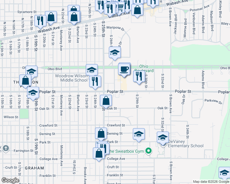 map of restaurants, bars, coffee shops, grocery stores, and more near 2609 Poplar Street in Terre Haute