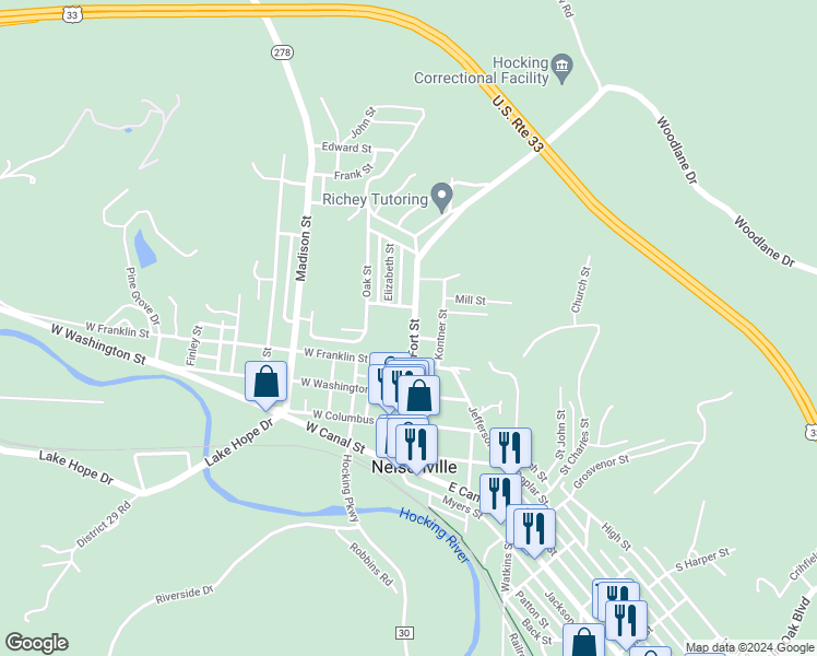 map of restaurants, bars, coffee shops, grocery stores, and more near 215 Fort Street in Nelsonville