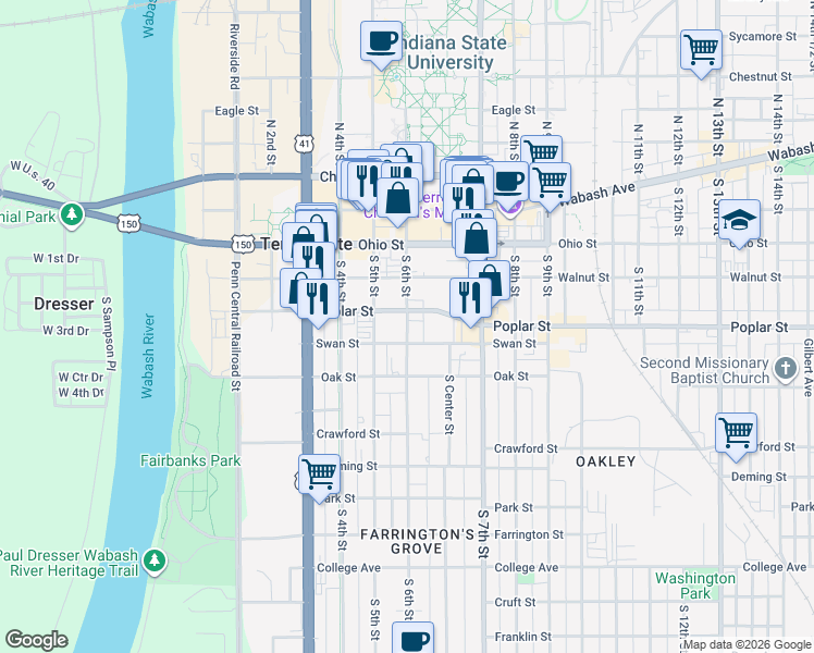 map of restaurants, bars, coffee shops, grocery stores, and more near 600-626 Poplar St in Terre Haute