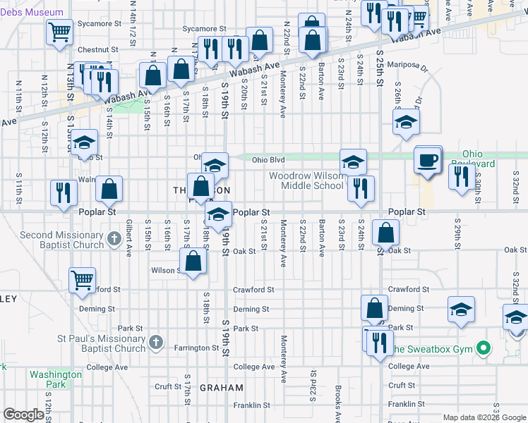 map of restaurants, bars, coffee shops, grocery stores, and more near 398 South 21st Street in Terre Haute
