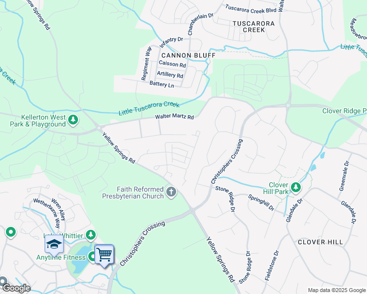 map of restaurants, bars, coffee shops, grocery stores, and more near 1109 Futurity Street in Frederick