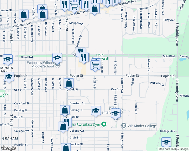 map of restaurants, bars, coffee shops, grocery stores, and more near S 29th St & Poplar St in Terre Haute